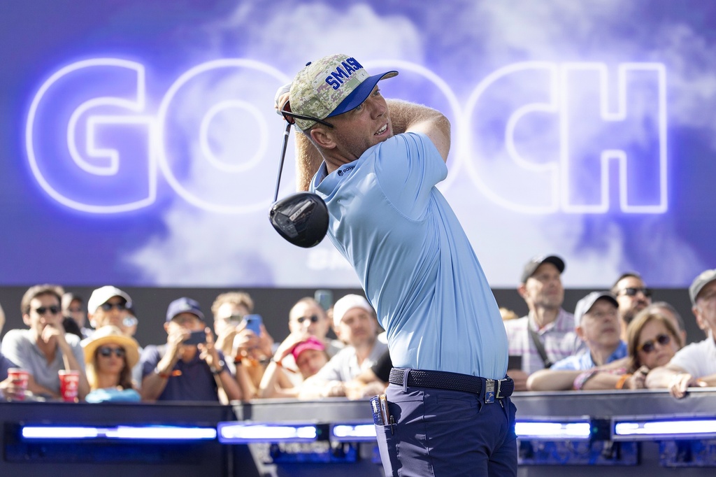 Talor Gooch of Smash GC hits his shot from the first tee during the second round of LIV Golf Andalucía at Real Club Valderrama, Saturday, July 12, 2025, in Sotogrande, Spain. (Jon Ferrey/LIV Golf via AP)