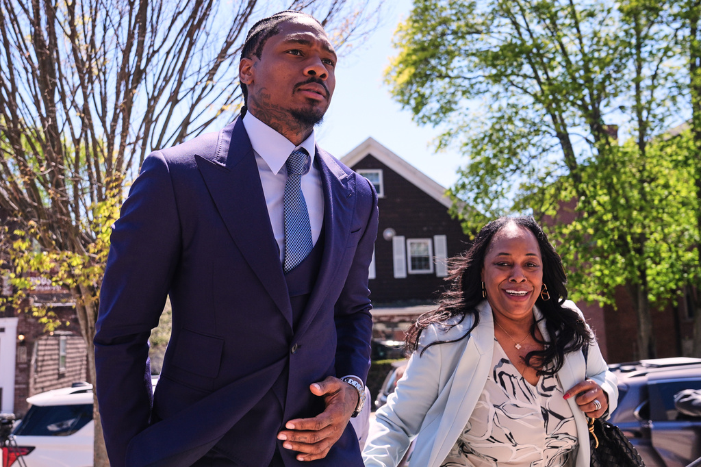 Former New England Patriots wide receiver Stefon Diggs returns to Norfolk County District Court, Monday, May 4, 2026, in Dedham, Mass. (AP Photo/Charles Krupa)