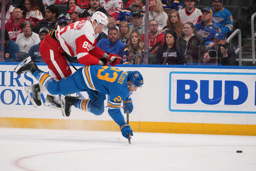 St. Louis Blues' Logan Mailloux (23) and Detroit Red Wings' Elmer Soderblom (85) chase after a loose puck during the third period of an NHL hockey game Tuesday, Oct. 28, 2025, in St. Louis. (AP Photo/Jeff Roberson) St. Louis Blues' Logan Mailloux (23) and Detroit Red Wings' Elmer Soderblom (85) chase after a loose puck during the third period of an NHL hockey game Tuesday, Oct. 28, 2025, in St. Louis. (AP Photo/Jeff Roberson)