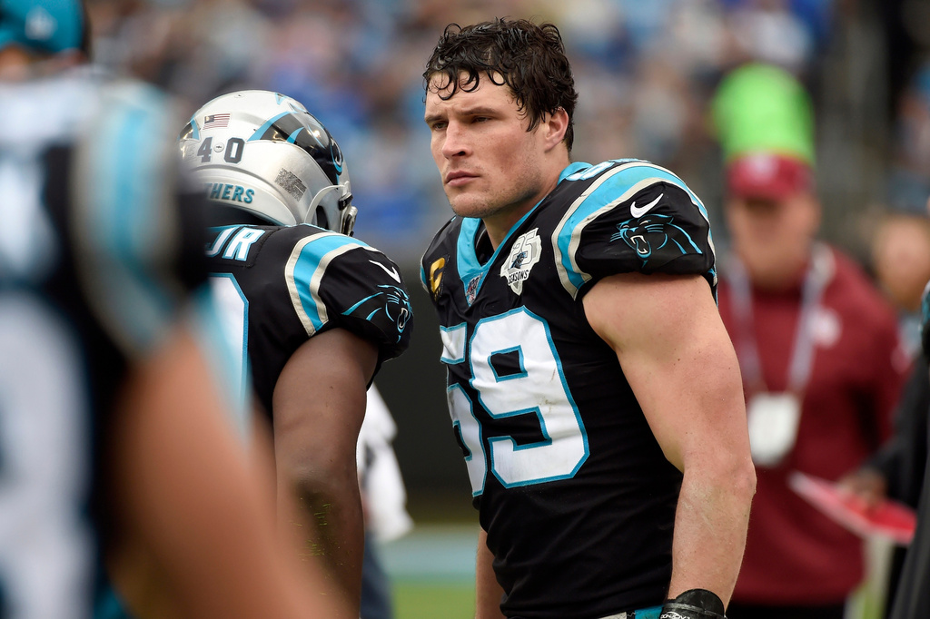 FILE - Carolina Panthers middle linebacker Luke Kuechly (59) is seen on the sidelines during the first half of an NFL football game against the New Orleans Saints in Charlotte, N.C., Sunday, Dec. 29, 2019. (AP Photo/Mike McCarn,File)