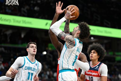 Charlotte Hornets guard LaMelo Ball (1) goes up to score during the first half of an NBA basketball game against the Washington Wizards, Sunday, Oct. 26, 2025, in Washington. (AP Photo/John McDonnell) Charlotte Hornets guard LaMelo Ball (1) goes up to score during the first half of an NBA basketball game against the Washington Wizards, Sunday, Oct. 26, 2025, in Washington. (AP Photo/John McDonnell)
