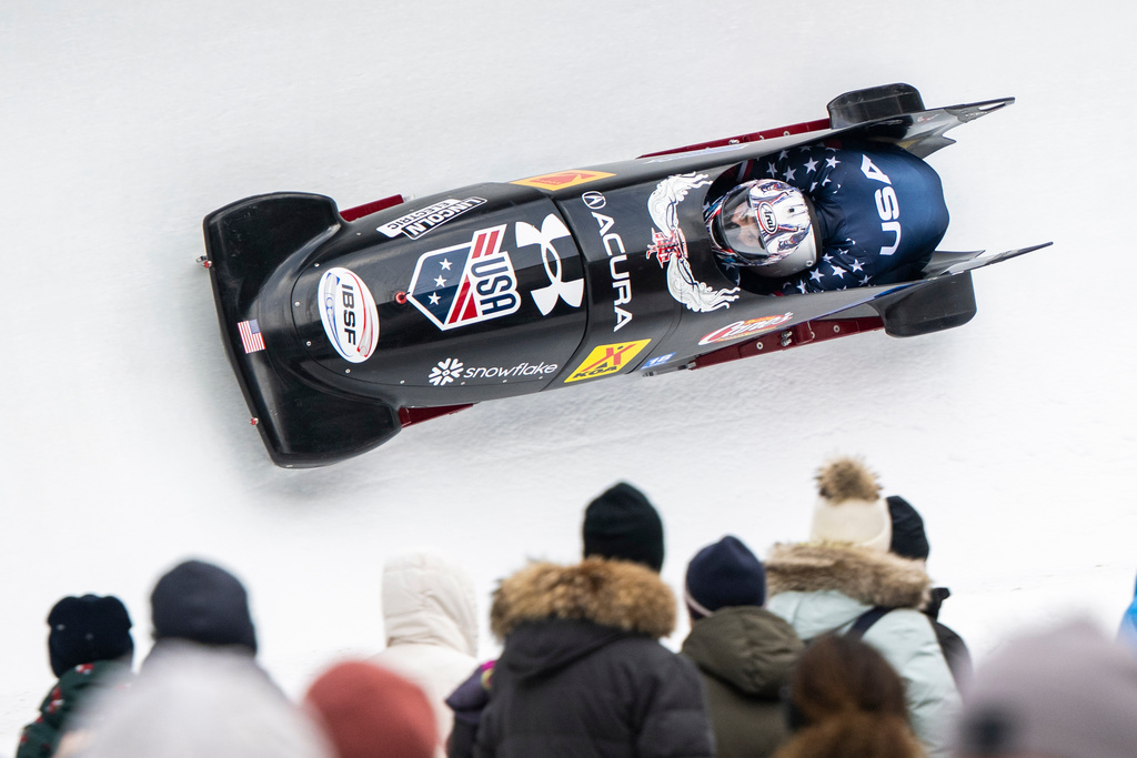 Kristopher Horn/ Carsten Vissering of the USA in action during the Men's 2-Bob World Cup, in St. Moritz, Switzerland, Saturday, Jan. 10, 2026. (Mayk Wendt/Keystone via AP)