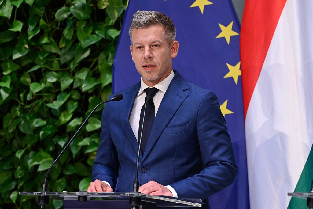 Hungarian Prime Minister Peter Magyar speaks during a press conference following the meeting of the government in Budapest, Hungary, Monday, May 18, 2026. (Robert Hegedus/MTI via AP)