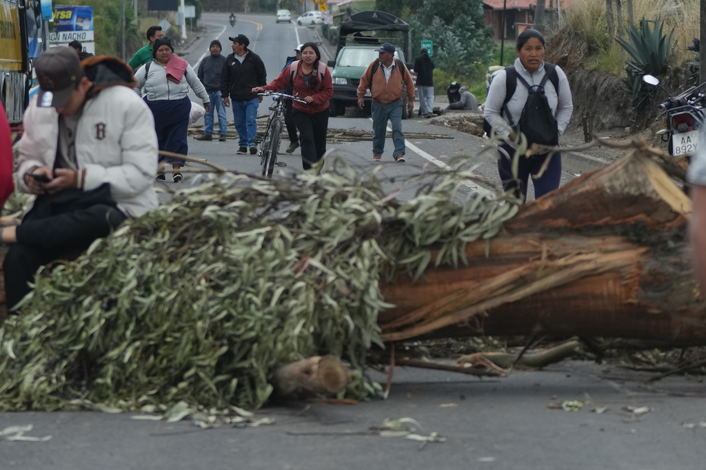 People traverse roadblocks placed by demonstrators protesting the elimination of the diesel subsidy by President Daniel Noboa's, government in Cayambe, Ecuador, Sunday, Oct. 5, 2025. (AP Photo/Dolores Ochoa)