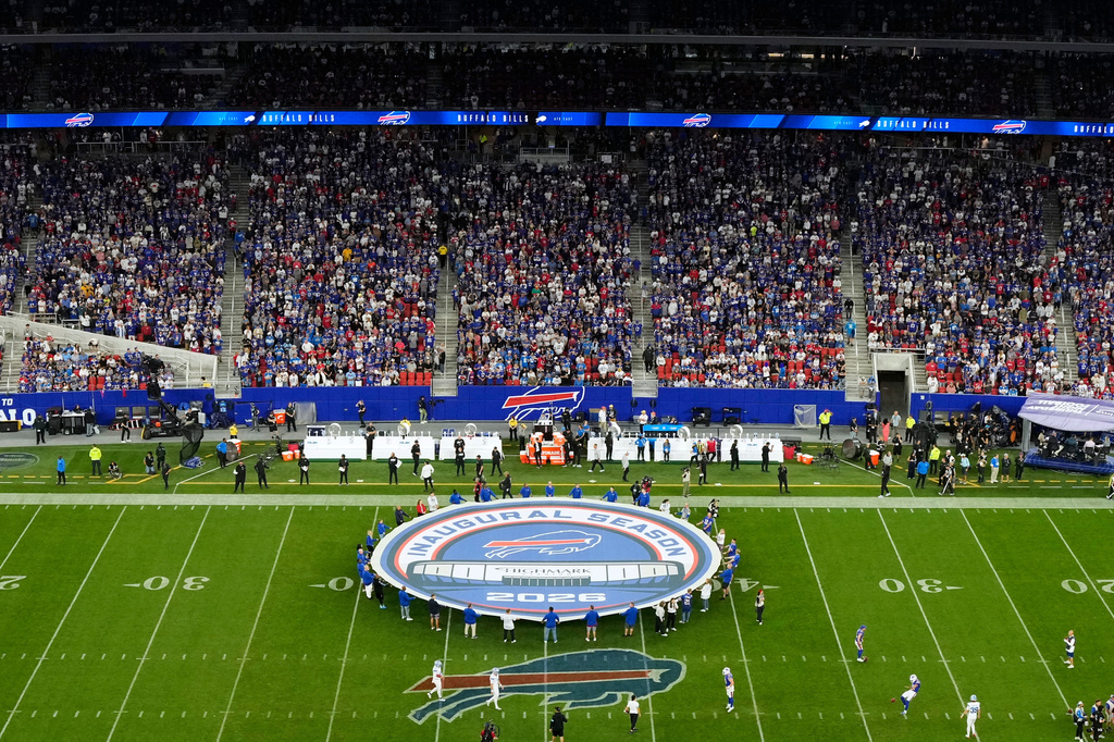An inuagural season sign is shown on the field at Highmark Stadium before an NFL football game between the Buffalo Bills and Detroit Lions in Orchard Park, N.Y., Thursday, Sept. 17, 2026. (AP Photo/Sue Ogrocki)