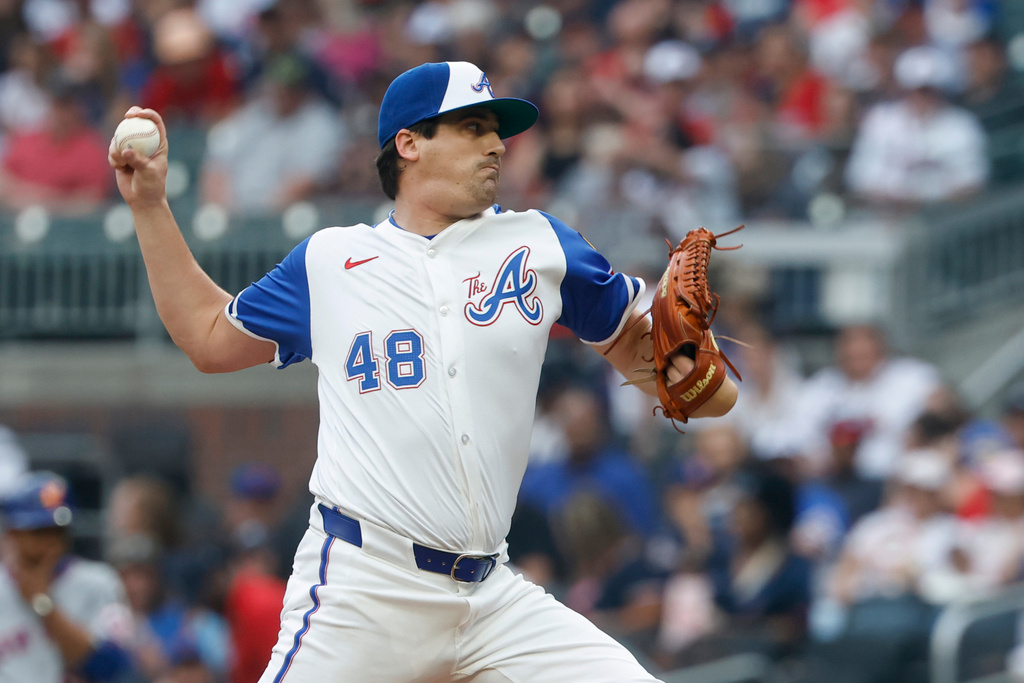 Atlanta Braves pitcher Cal Quantrill throws during the first inning of a baseball game against the New York Mets, Saturday, Aug. 23, 2025, in Atlanta. (AP Photo/Butch Dill)