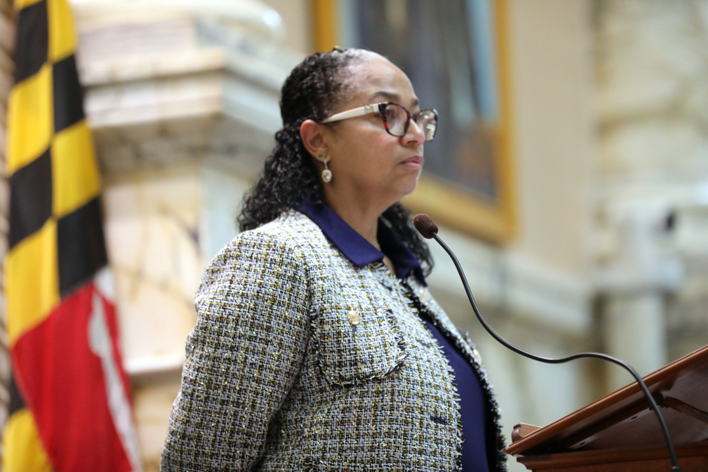 Maryland House Speaker Joseline Peña-Melnyk, a Democrat, presides over a debate on Monday, Feb. 2, 2026, in Annapolis, Md. (AP Photo/Brian Witte)