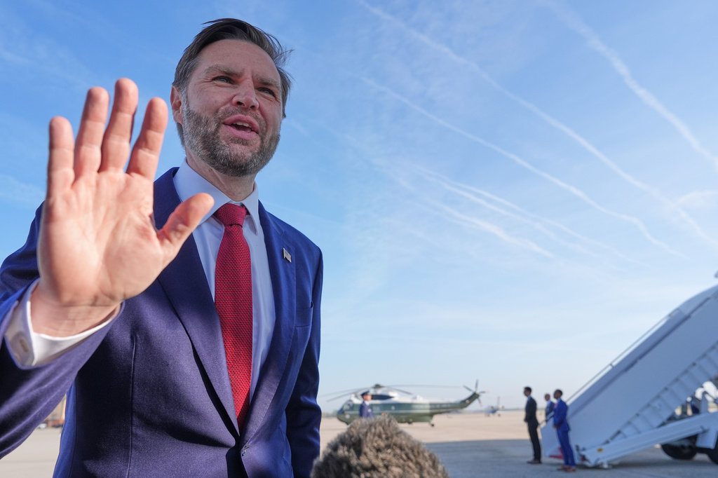 Vice President JD Vance speaks to the press before boarding Air Force Two, Friday, April 10, 2026, at Joint Base Andrews, Md., for expected departure to Pakistan, for talks on Iran. (AP Photo/Jacquelyn Martin, pool)
