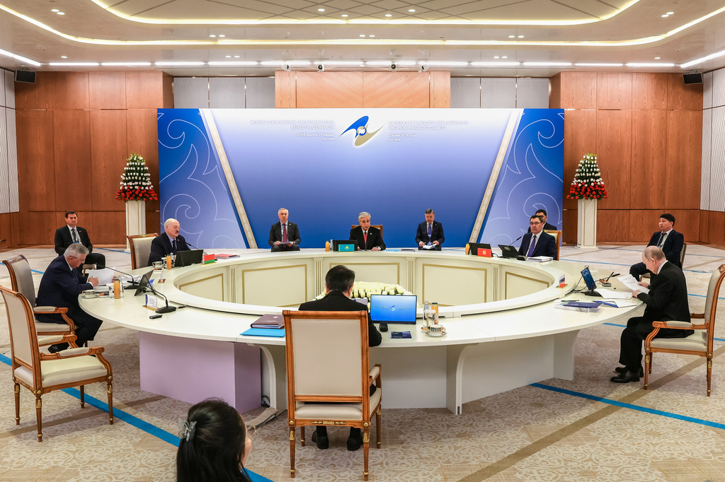 A view of the session of the Supreme Eurasian Economic Council summit at the Independence Palace in Astana, Kazakhstan, Friday, May 29, 2026. (Alexander Kazakov, Sputnik, Kremlin Pool Photo via AP)