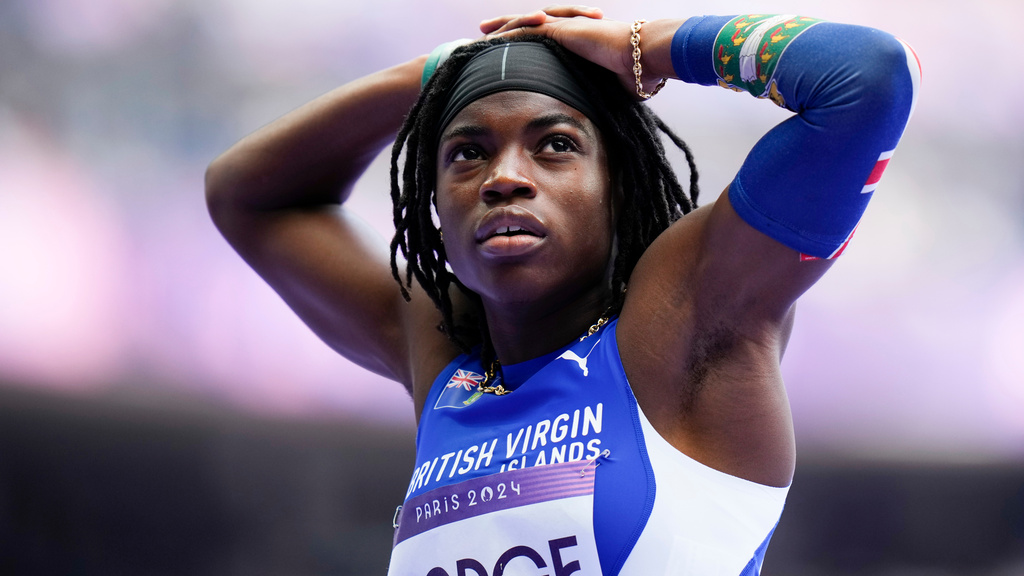 FILE - Adaejah Hodge, of of the British Virgin Islands, competes during a heat in the women's 200-meter at the 2024 Summer Olympics, Sunday, Aug. 4, 2024, in Saint-Denis, France. (AP Photo/Petr David Josek, file)