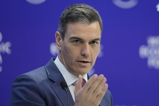 FILE - Pedro Sanchez, Spain's Prime Minister delivers his speech at the Annual Meeting of World Economic Forum in Davos, Switzerland, on Jan. 17, 2024. S&aacute;nchez said Saturday March 9, 2024 that he will propose that Spain's parliament recognizes a Palestinian state. (AP Photo/Markus Schreiber, File)