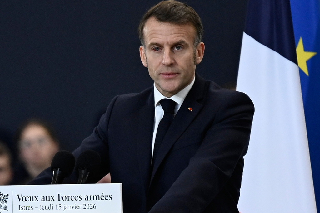 French President Emmanuel Macron delivers a speech as he visits the Istres military air force base, southern France, Thursday, Jan. 15, 2026. (AP Photo/Philippe Magoni, Pool)