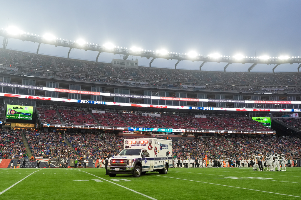 Philadelphia Eagles' Ja'Quinden Jackson is taken away in an ambulance after an injury against the New England Patriots during the first half of an NFL preseason football game, Saturday, Aug. 22, 2026, in Foxborough, Mass. (AP Photo/Robert F. Bukaty)