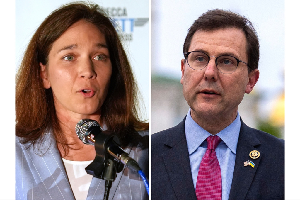 This combination photo shows Rebecca Bennett, a Democrat candidate for New Jersey's 7th Congressional District, May 30, 2026, in Flemington, N.J., left, and Rep. Tom Kean Jr, R-N.J., April 22, 2024, in Kyiv, Ukraine. (AP Photo)