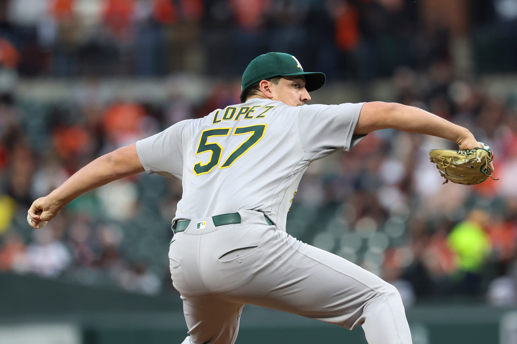 Athletics pitcher Jacob Lopez throws during the first inning of a baseball game against the Baltimore Orioles, Friday, May 8, 2026, in Baltimore. (AP Photo/Terrance Williams)