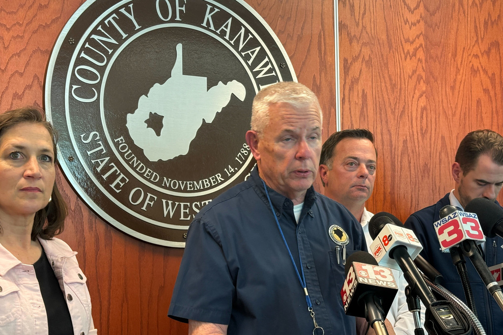 Kanawha County Commission Emergency Management Director C.W. Sigman speaks at a news conference Wednesday, April 22, 2026, in Charleston, W.Va. (AP Photo/John Raby)