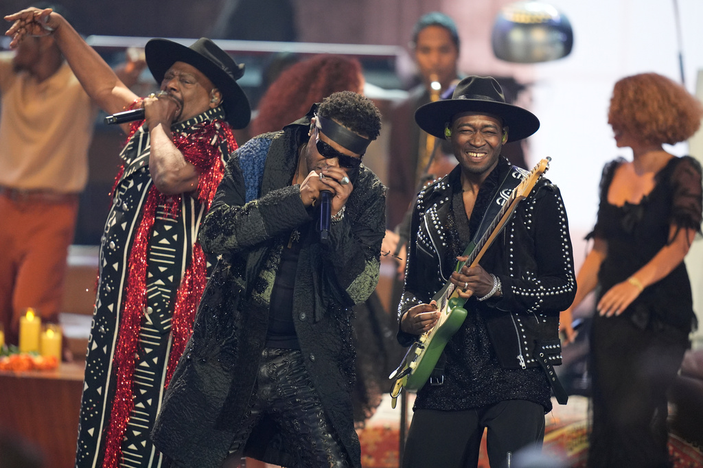 George Clinton, from left, BJ the Chicago Kid, and Isaiah Sharkey performs during the BET Awards on Sunday, June 28, 2026, at the Peacock Theater in Los Angeles. (AP Photo/John Locher)