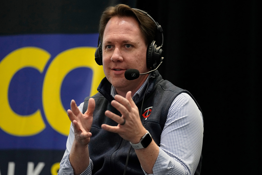 FILE - Minnesota Twins president of baseball operations Derek Falvey speaks to fans and media during the baseball team's annual fan fest at Target Field, Jan. 28, 2023, in Minneapolis. (AP Photo/Abbie Parr, File)