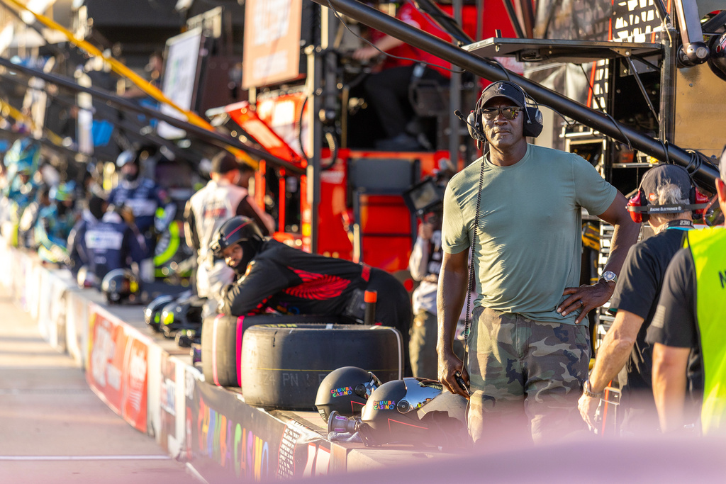 23XI Racing's team co-owner Michael Jordan watches the final laps by Tyler Reddick during a NASCAR Cup Series auto race in Austin, Texas, Sunday, March 1, 2026. (AP Photo/Stephen Spillman)