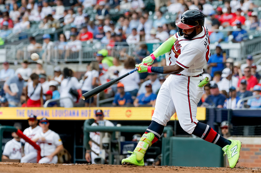 Atlanta Braves' Michael Harris II hits a solo home run against the San Diego Padres during the second inning of a baseball game, Thursday, July 23, 2026, in Atlanta. (AP Photo/Erik S. Lesser)