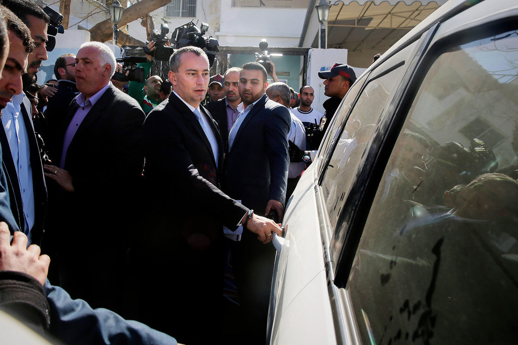 CORRECTED NAME SPELLING - FILE - United Nations Special Coordinator for the Middle East Peace Process Nickolay Mladenov leaves after a press conference, in Gaza City, Feb. 17, 2016. (AP Photo/Adel Hana, File)