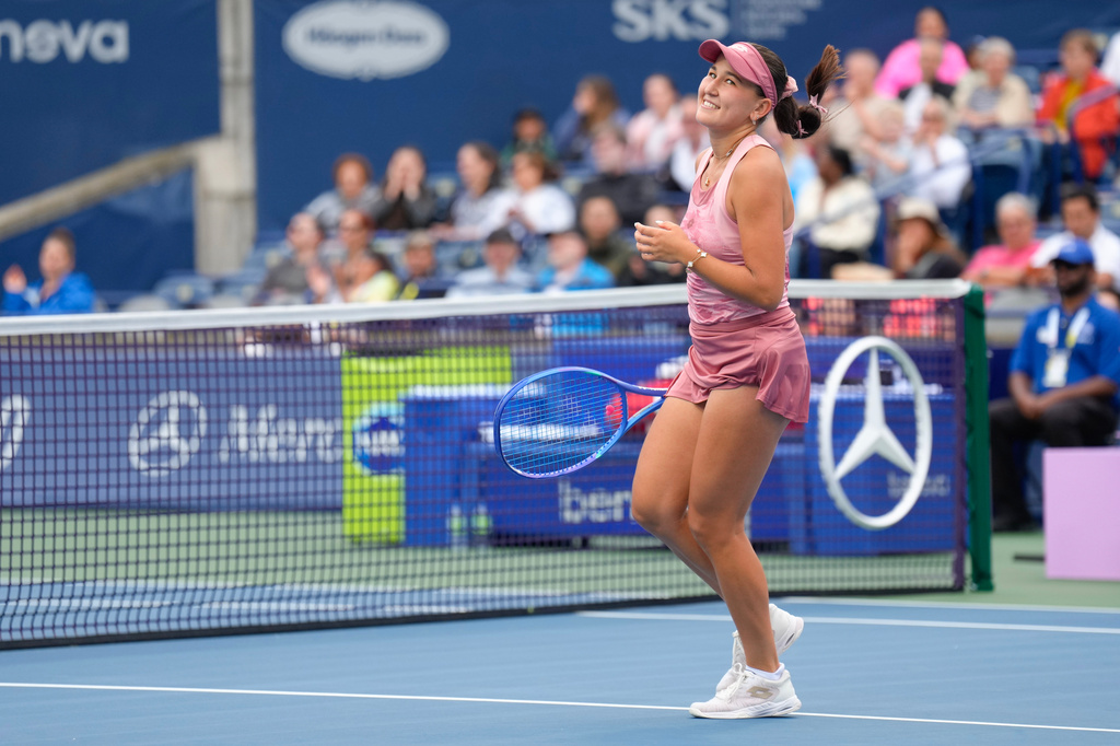 Kamilla Rakhimova celebrates after a point against Venus Williams during the National Bank Open tennis tournament in Toronto, Sunday, Aug. 2, 2026. (Chris Young/The Canadian Press via AP)