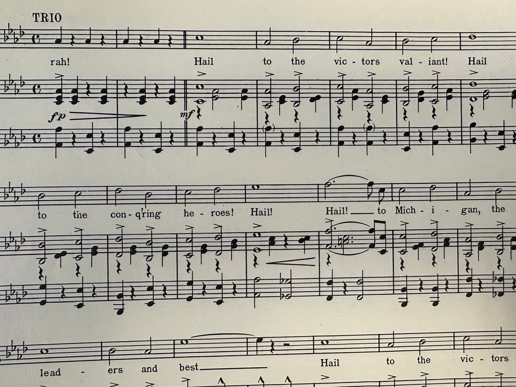 Sheet music for "The Victors," the University of Michigan's fight song, is seen in the campus' Bentley Historical Library on Monday, Aug. 25, 2025, in Ann Arbor, Mich. (AP Photo/Mike Householder)