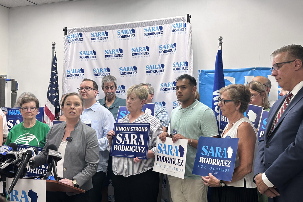 Democratic candidate for Wisconsin governor Sara Rodriguez speaks to supporters, Monday, July 13, 2026, in Madison, Wis. (AP Photo/Scott Bauer)