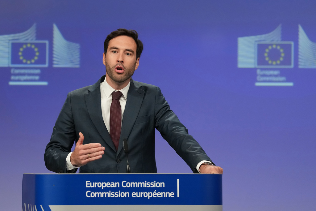 European Commission spokesman Thomas Regnier speaks during a media conference regarding a fine against Google at EU headquarters in Brussels, Thursday, July 23, 2026. (AP Photo/Virginia Mayo)