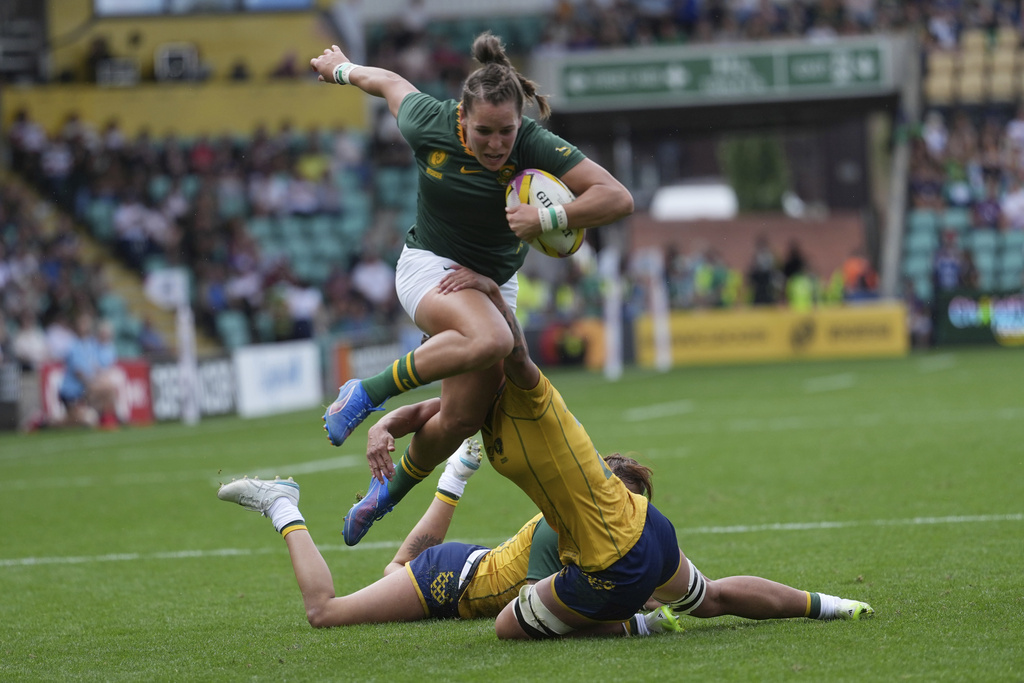 South Africa's Jacomina Cilliers is tackled during the group D match at the 2025 Women's Rugby World Cup between South Africa and Brazil in Northampton, England, Sunday, Aug. 24, 2025. (AP Photo/Dave Shopland)