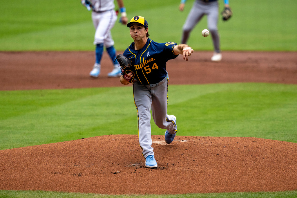 Milwaukee Brewers pitcher Robert Gasser (54) throws during the first inning of a baseball game against the Atlanta Braves, Sunday, June 21, 2026, in Atlanta. (AP Photo/Erik Rank)
