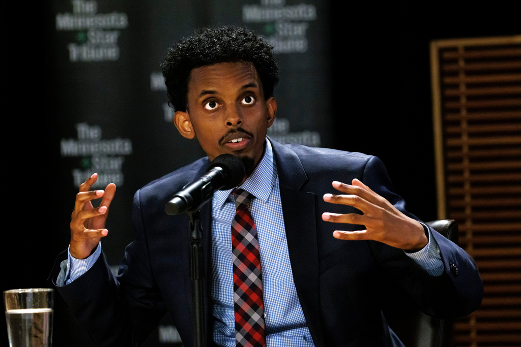 State Sen. Omar Fateh, DFL-Minneapolis, speaks during a mayoral debate at Minnesota Public Radio headquarters in St. Paul, Minn., on Monday, Oct. 27, 2025. (Kerem Yücel/Minnesota Public Radio via AP)