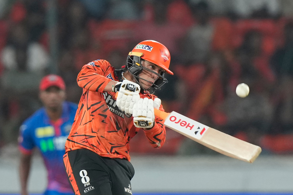 Sunrisers Hyderabad's Abhishek Sharma plays a shot during the Indian Premier League cricket match between Sunrisers Hyderabad and Delhi Capitals in Hyderabad, India, Tuesday, April 21, 2026. (AP Photo/Mahesh Kumar A.)