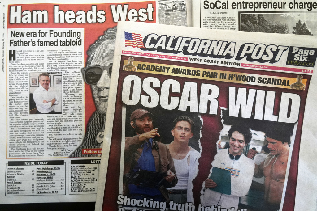 The first issue of the tabloid newspaper The California Post is seen in the Hollywood section of Los Angeles, Monday, Jan. 26, 2026. (AP Photo/Damian Dovarganes)