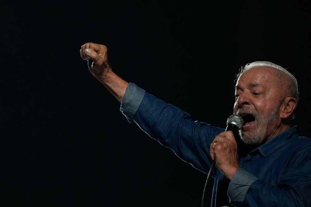 President Luiz Inacio Lula da Silva addresses supporters during a victory rally after winning a fourth term in the presidential runoff on Paulista Avenue in Sao Paulo, Brazil, Sunday, Oct. 25, 2026. (AP Photo/Natacha Pisarenko)