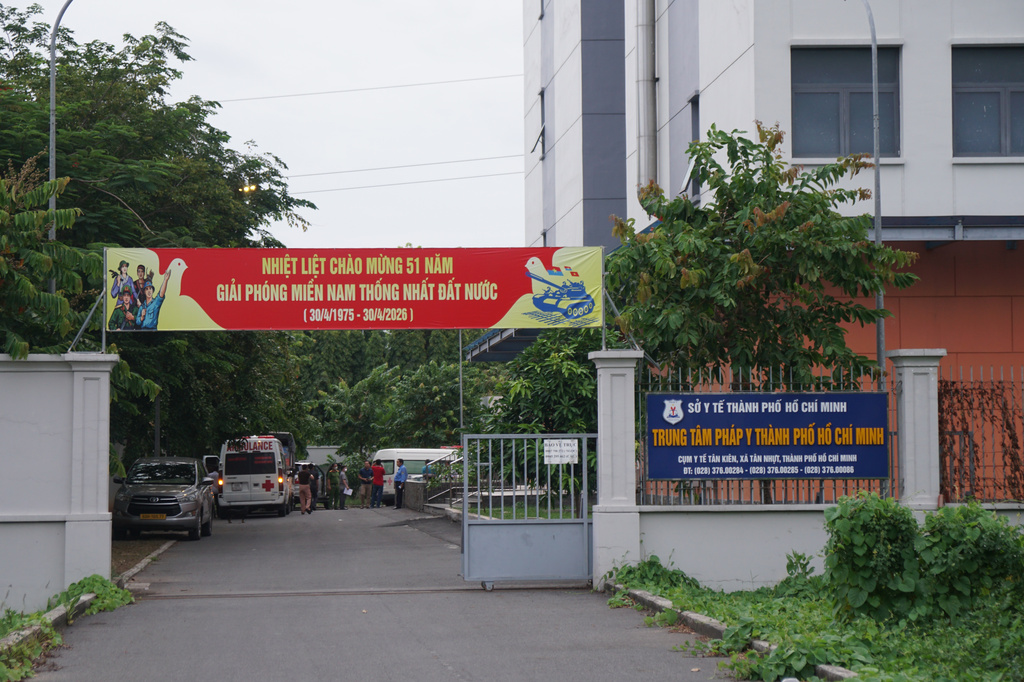 Exterior of Ho Chi Minh City Department of Health's Forensic Center, where remains of Indian tourists who died after a speedboat capsized are kept, in Ho Chi Minh, Vietnam, Sunday, July 12, 2026. (AP Photo/Minh Tran)