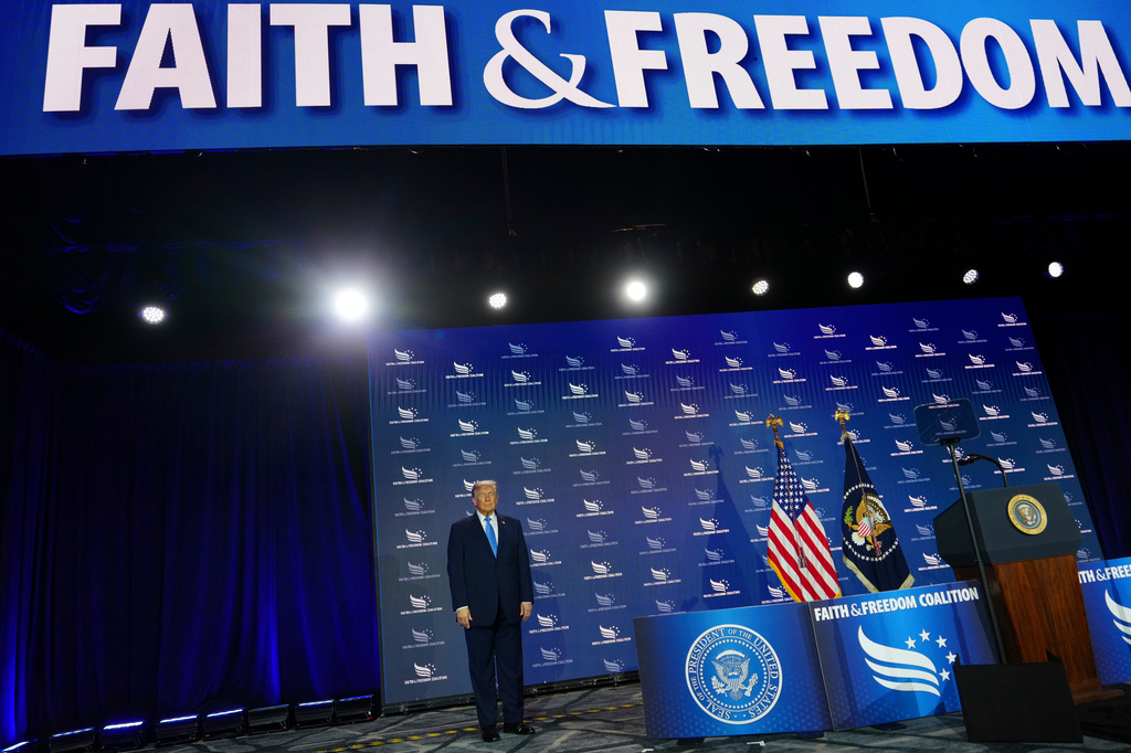 President Donald Trump arrives to speak at the Faith & Freedom Coalition's policy conference at the Washington Hilton, Friday, June 26, 2026, in Washington. (AP Photo/Julia Demaree Nikhinson)