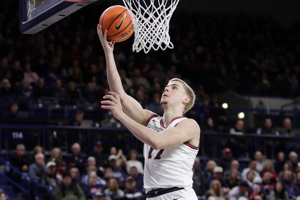 Gonzaga guard Mario Saint-Supery shoots during the second half of an NCAA college basketball game against Pepperdine, Wednesday, Jan. 21, 2026, in Spokane, Wash. (AP Photo/Young Kwak)