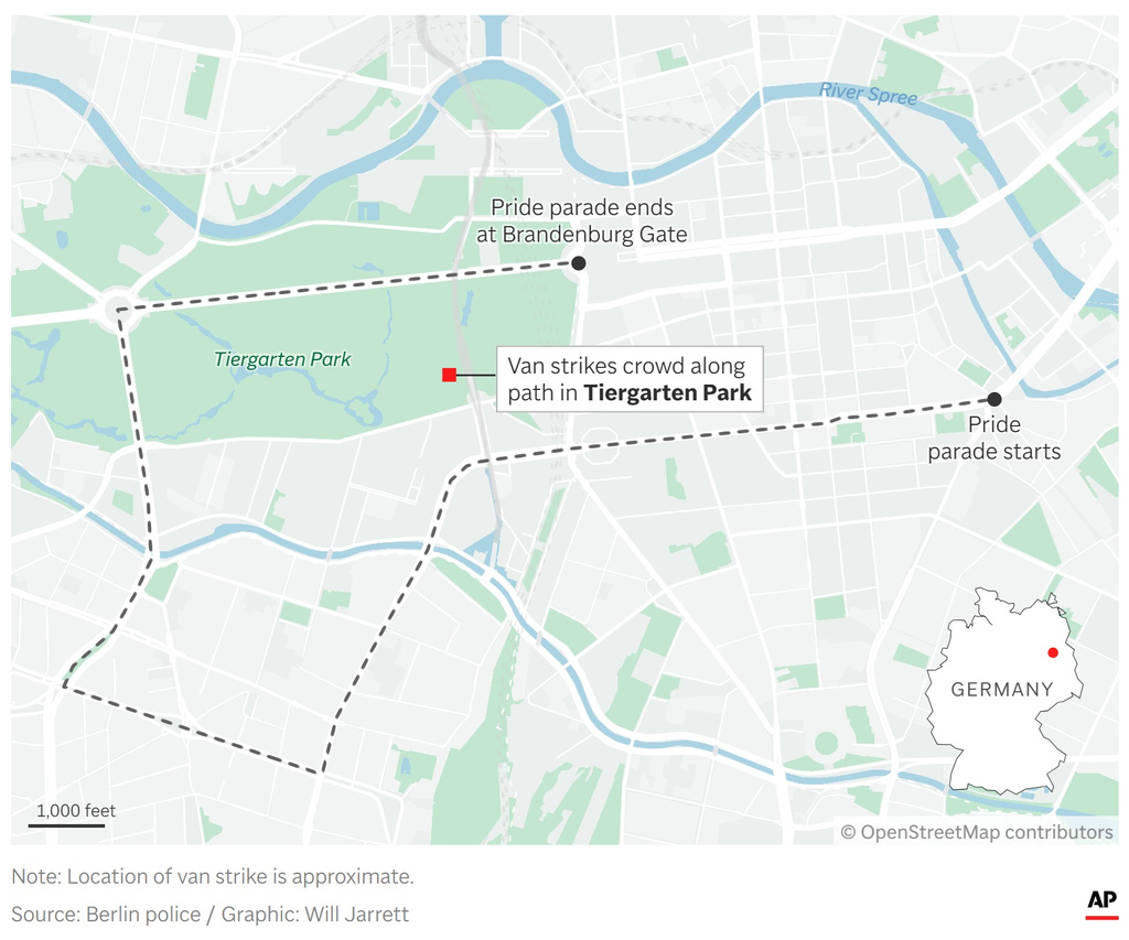 A map showing where a van struck a crowd near Pride celebrations in Berlin. (AP Digital Embed)