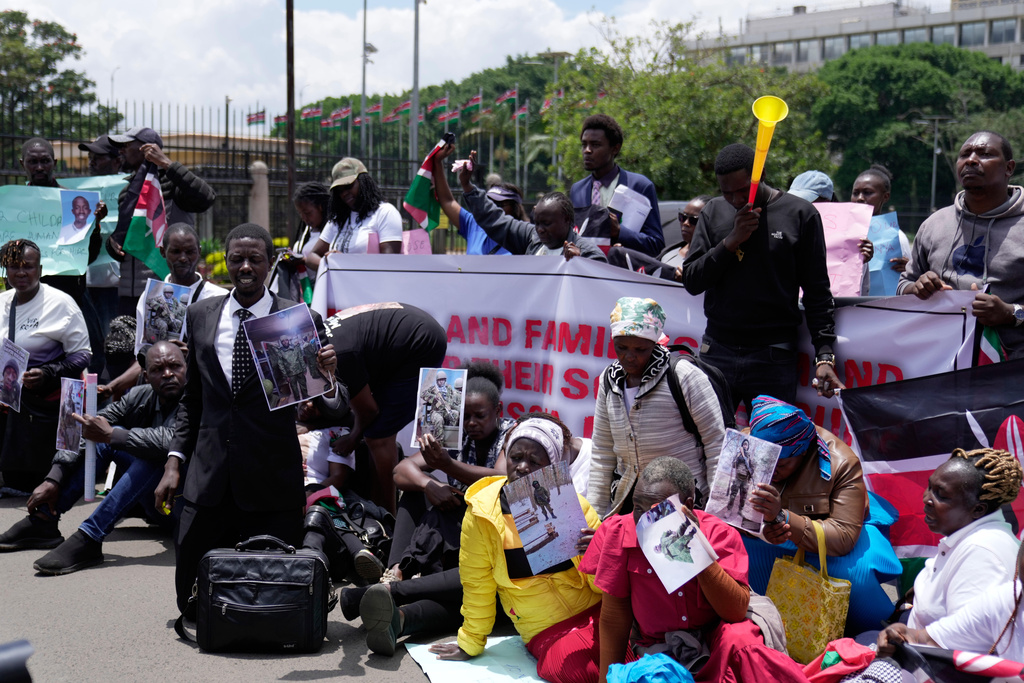 Relatives whose loved ones joined the Russian army to fight in Ukraine protest, calling for their repatriation, in Nairobi, Kenya, Thursday, March 5, 2026. (AP Photo/Brian Inganga)