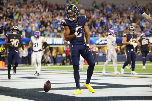 Los Angeles Chargers wide receiver Tre Harris (9) celebrates after scoring a touchdown during the second half of an NFL football game against the Minnesota Vikings Thursday, Oct. 23, 2025, in Inglewood, Calif. (AP Photo/Jessie Alcheh) Los Angeles Chargers wide receiver Tre Harris (9) celebrates after scoring a touchdown during the second half of an NFL football game against the Minnesota Vikings Thursday, Oct. 23, 2025, in Inglewood, Calif. (AP Photo/Jessie Alcheh)