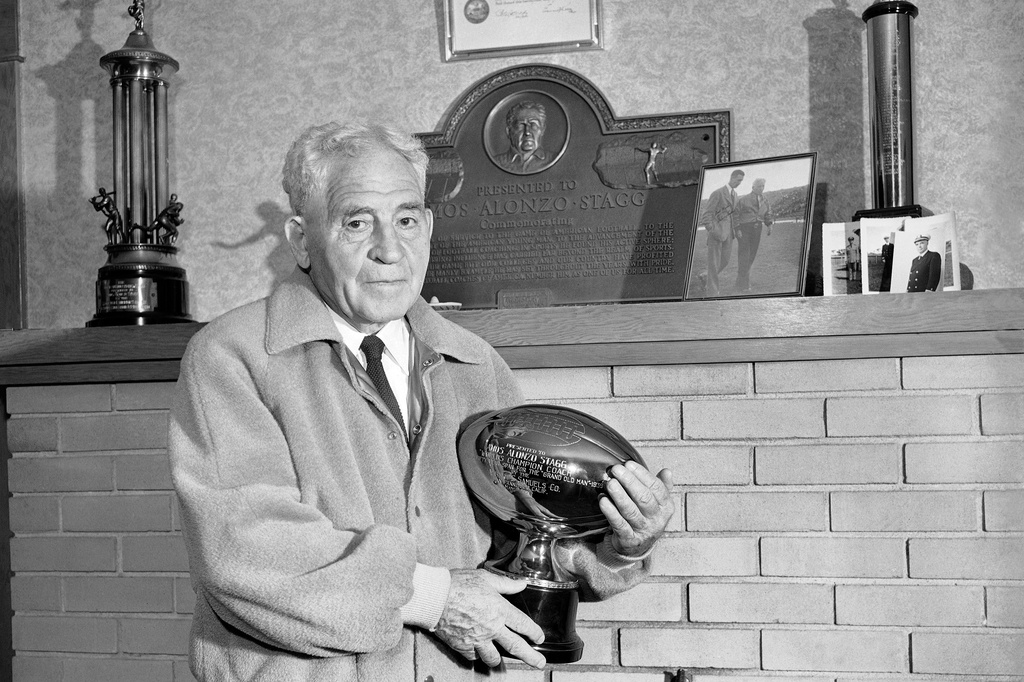 FILE - Amos Alonzo Stagg poses in San Francisco on Oct. 28, 1942. (AP Photo/Joe Rosenthal, File)