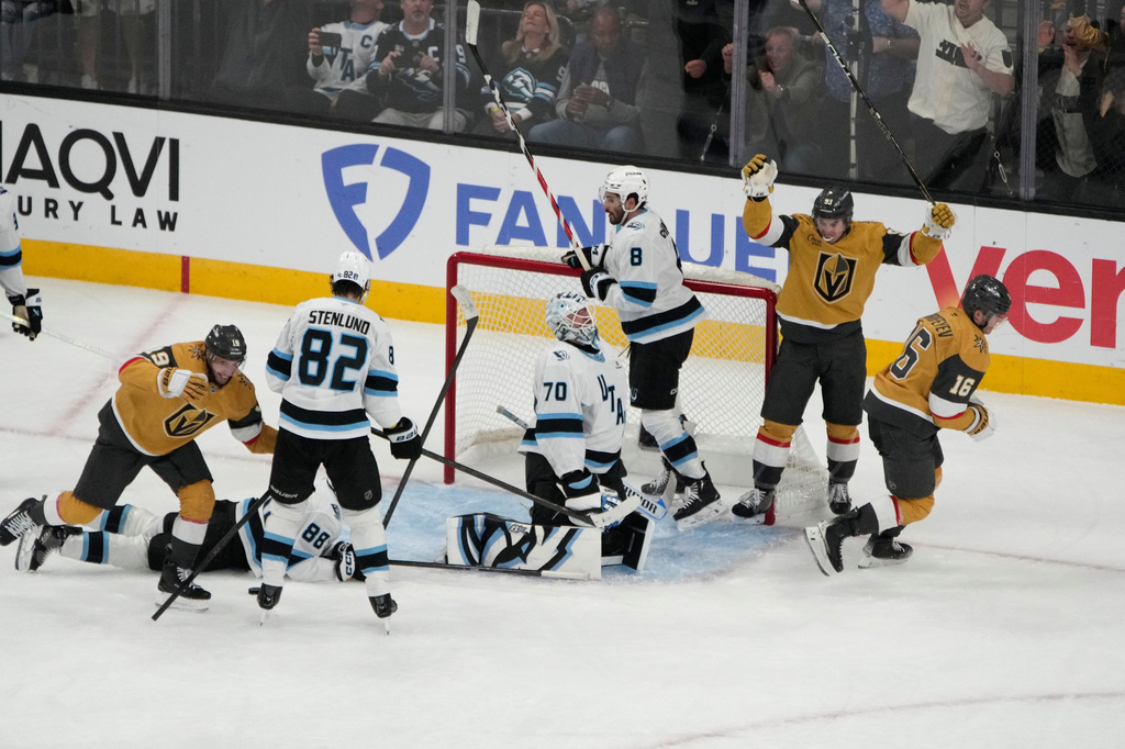 Vegas Golden Knights right wing Pavel Dorofeyev (16) celebrates after scoring against Utah Mammoth goaltender Karel Vejmelka (70) during the third period of Game 5 of a first-round NHL hockey Stanley Cup playoff series Wednesday, April 29, 2026, in Las Vegas. (AP Photo/John Locher)