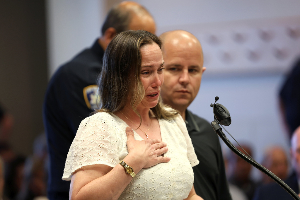 Melissa Cann, sister of Maureen Brainard Barnes, speaks prior to sentencing of Gilgo serial killer Rex Heuermann by Judge Tim Mazzei at Suffolk County Court in Riverhead, N.Y., on Wednesday, June 17, 2026. (James Carbone/Newsday via AP, Pool)