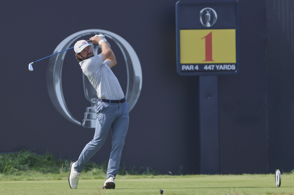 Cameron Young of the United States plays off the 1st tee during the second day of the British Open Golf championships at Royal Birkdale golf club, in Southport, England, Friday, July 17, 2026. (AP Photo/Peter Morrison)