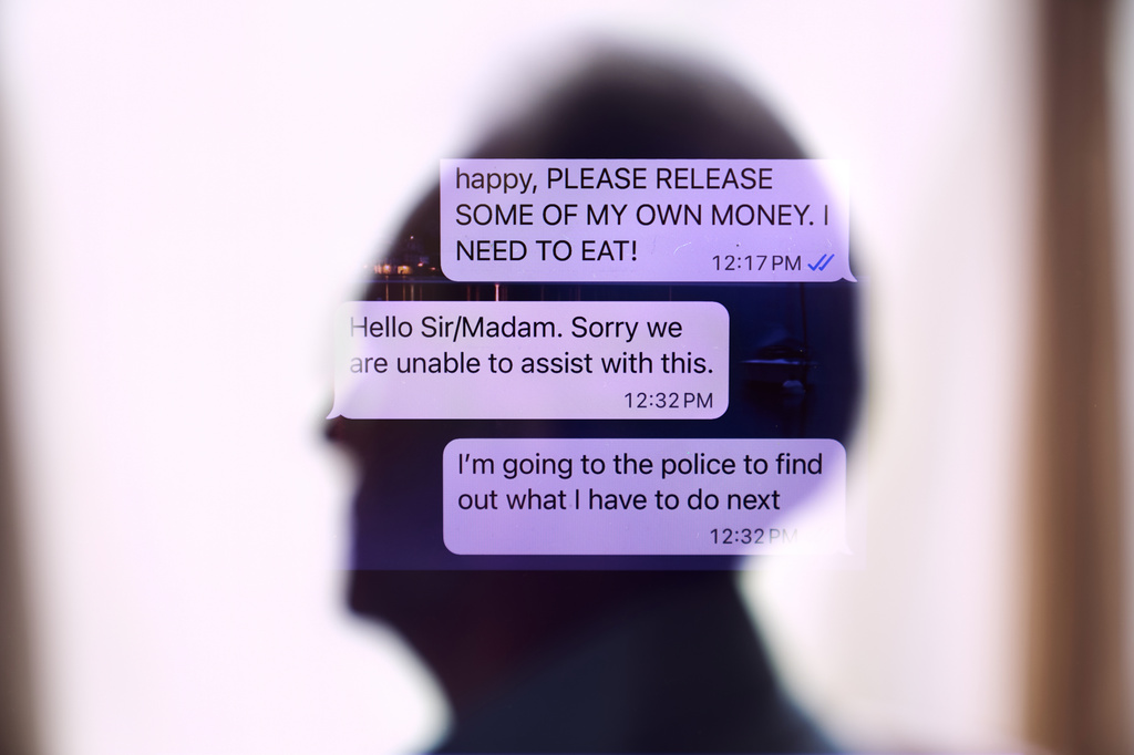 A portrait of Simon, who was targeted by a scammer that stole $800,000 from his retirement savings and asked not to be identified by his full name because he's too ashamed to tell most of his family about the crime, and a screenshot of a text message exchange with his scammer, are seen in this single long exposure photograph, Wednesday, June 17, 2026, at his home in southeastern New York. (AP Photo/David Goldman)