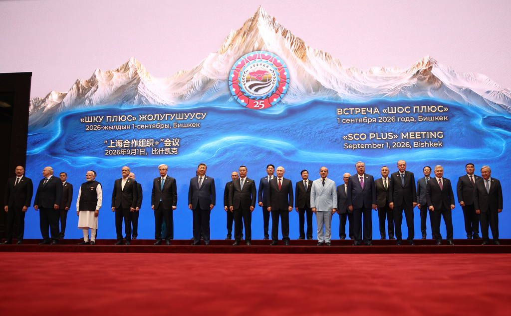 From left, Azerbaijani President Ilham Aliyev, Belarusian President Alexander Lukashenko, SCO Secretary-General Nurlan Yermekbayev, Indian Prime Minister Narendra Modi, Iranian President Masoud Pezeshkian, Kazakh President Kassym-Jomart Tokayev, Chinese President Xi Jinping, Armenian Prime Minister Nikol Pashinyan, Kyrgyz President Sadyr Japarov, Mongolian President Ukhnaa Khurelsukh, Russian President Vladimir Putin, Lao President Thongloun Sisoulith, Pakistani Prime Minister Shehbaz Sharif, Egyptian Deputy Prime Minister Hussein Issa, Tajik President Emomali Rahmon, Collective Security Treaty Organization (CSTO) Secretary General Taalatbek Masadykov, Turkish President Recep Tayyip Erdogan, Secretary General of the Conference on Interaction and Confidence Building Measures in Asia Kairat Sarybay, Uzbek President Shavkat Mirziyoyev, SCO Regional Anti-Terrorist Structure Ularbek Sharsheev and United Nations Secretary-General Antonio Guterres pose for a photo prior to a meeting in the Shanghai Cooperation Organization (SCO) Plus format in Bishkek, Kyrgyzstan Tuesday, Sept. 1, 2026. (Pyotr Kovalev, Sputnik, Kremlin Pool Photo via AP)
