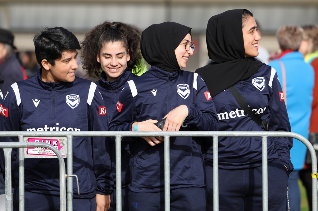 FILE - Members of the Afghan women's football team attend Morocco's practice ahead of the Women's World Cup in Melbourne, Australia, Wednesday, July 19, 2023. (AP Photo/Victoria Adkins, File)