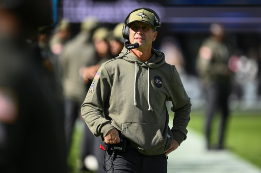 Baltimore Ravens head coach John Harbaugh walks the sidelines before an NFL football game against the Chicago Bears, Sunday, Oct. 26, 2025, in Baltimore. (AP Photo/Nick Wass) Baltimore Ravens head coach John Harbaugh walks the sidelines before an NFL football game against the Chicago Bears, Sunday, Oct. 26, 2025, in Baltimore. (AP Photo/Nick Wass)