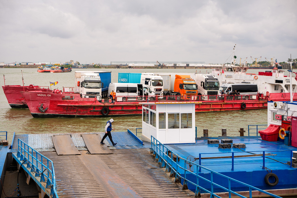 Ferries operate at the Isaccea Danube River border crossing between Ukraine and Romania in Isaccea, Romania, Monday, Sept. 14, 2026. (AP Photo/Vadim Ghirda)